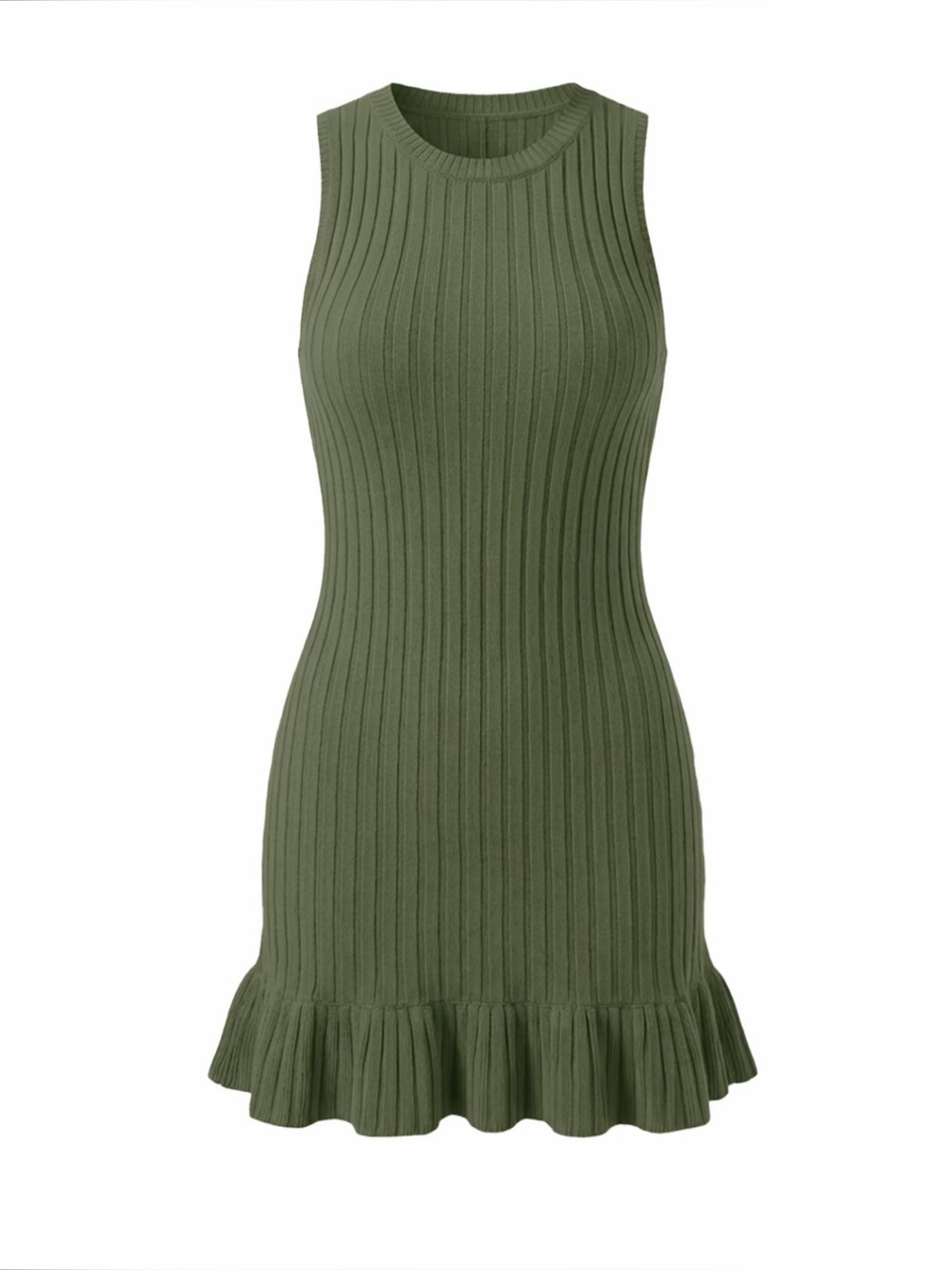 Olive Soft Breathable Ribbed Knit Dress with Ruffle Hem New Boutique Size L